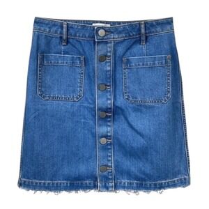LOFT OUTLET Super Cute DENIM PENCIL SKIRT Button-Up Pockets FRAYED CUT HEM sz 6